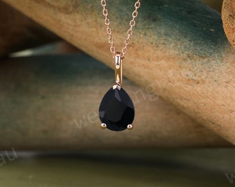 Teardrop Black onyx necklace Rose gold Black gemstone necklace women Solitaire Necklace anniversary bridal pendant Valentine's day gift