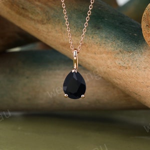 Teardrop Black onyx necklace Rose gold Black gemstone necklace women Solitaire Necklace anniversary bridal pendant Valentine's day gift