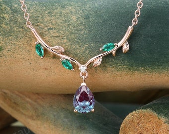 Pear Alexandrite necklace Rose gold Unique Emerald pendant Leaf Women Necklace Branch Pendant Nature inspired necklace Anniversary gift