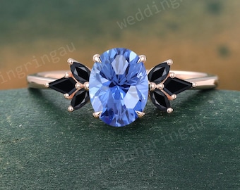 Firework cut Blue sapphire ring Vintage Rose gold oval sapphire engagement ring Marquise cut black onyx ring art deco ring Promise ring