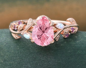 Firework cut pink sapphire ring Unique Rose gold Pear shaped sapphire engagement ring Marquise cut Moonstone ring Amethyst ring Leaf ring