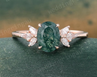 Green Moss agate ring Vintage Rose gold Moss agate engagement ring Kite cut Diamond ring Unique Oval cut Moss agate ring Bridal wedding ring
