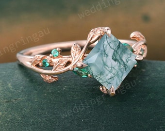 Princess cut Natural moss agate ring Unique Rose gold Leaf Branch engagement ring Marquise cut Lab emerald ring Square cut Promise ring
