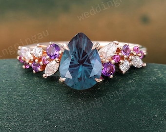 Alexandrite engagement ring Unique Rose gold Firework cut Alexandrite ring Amethyst Pink sapphire ring Diamond anniversary ring