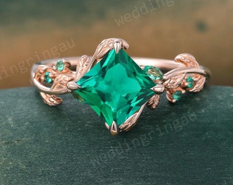 Princess cut Emerald ring Unique 14k Rose gold Leaf Branch engagement ring Marquise cut Lab emerald ring May birthstone ring Promise ring