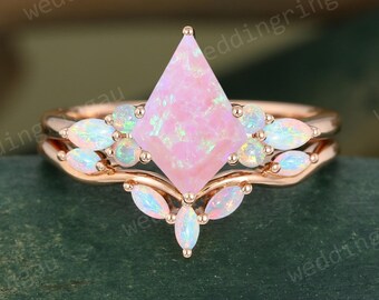 Kite cut pink opal engagement ring set Vintage Rose gold Opal Bridal ring set Marquise cut Opal Curved wedding ring promise ring set