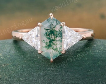 Hexagon cut Natural Moss agate engagement ring Unique Rose gold ring Triangle cut Moissanite ring Three stone ring Art deco promise gift