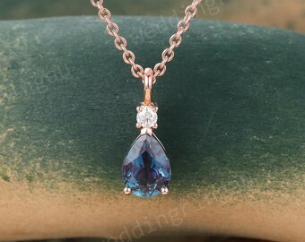 Alexandrite necklace Rose gold Pear shaped June birthstone necklace women Moissanite Necklace anniversary bridal teardrop pendant gift