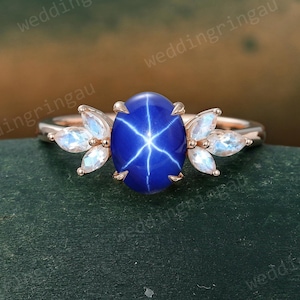 Oval Star sapphire engagement ring Unique Rose gold ring Marquise cut Moonstone ring Cluster wedding ring Nature inspired ring Promise ring