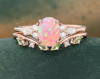 Oval cut Pink Opal Engagement ring set Vintage Rose gold Moissanite engagement ring set marquise cut Peridot Open wedding ring Promise ring