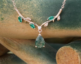 Pear cut Moss agate necklace Rose gold Unique Emerald pendant Leaf Women Necklace Branch Pendant Nature inspired necklace Anniversary gift