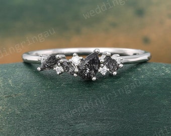 White gold Black rutilated quartz wedding band Unique Baguette cut quartz Stackable ring women Moissanite Cluster ring Promise ring gift
