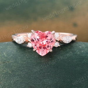 Unique Heart cut Pink sapphire ring Rose gold engagement ring marquise cut moissanite ring cluster wedding ring Promise ring for women gift