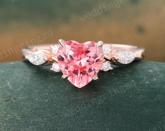 Unique Heart cut Pink sapphire ring Rose gold engagement ring marquise cut moissanite ring cluster wedding ring Promise ring for women gift