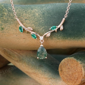 Pear cut Moss agate necklace Rose gold Unique Emerald pendant Leaf Women Necklace Branch Pendant Nature inspired necklace Anniversary gift