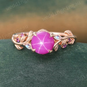 Round cut pink star sapphire ring Vintage Rose gold Leaf engagement ring Marquise cut Moonstone ring Amethyst ring Nature inspired Twig ring