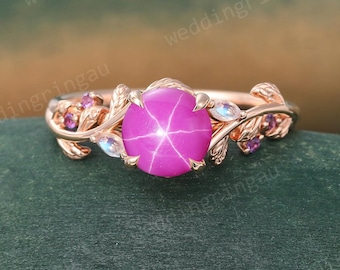 Round cut pink star sapphire ring Vintage Rose gold Leaf engagement ring Marquise cut Moonstone ring Amethyst ring Nature inspired Twig ring