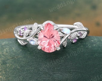 Firework cut pink sapphire ring Unique White gold Pear shaped sapphire engagement ring Marquise cut Moonstone ring Amethyst ring Leaf ring