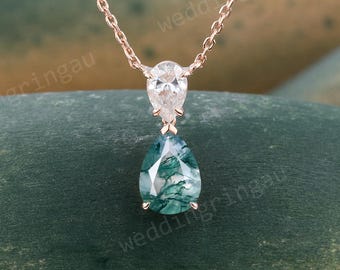 Two Stone Moss Agate & Moissanite Pendant Necklace Unique Rose Gold Pear Shaped Personalized Pendant for Women Anniversary Bridal Gift