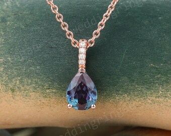 Pear shaped Alexandrite necklace Rose gold June birthstone necklace women Moissanite Necklace anniversary bridal teardrop pendant gift