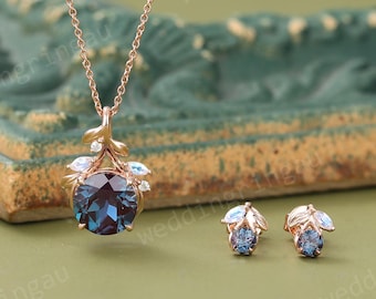Round Alexandrite Necklace Earrings Jewelry Set Vintage Rose Gold Leaf Alexandrite Pendant Moonstone Stud Earrings Nature Inspired Jewelry