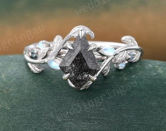 Kite cut Black rutilated quartz engagement ring Vintage White gold engagement ring Leaf ring Moonstone Alexandrite wedding ring Promise ring