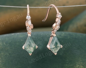 Kite Moss Agate Drop Earrings Moissanite Leaf Earrings Rose Gold Nature Inspired Dangle Earrings Unique Wedding Jewelry Bridal Gift