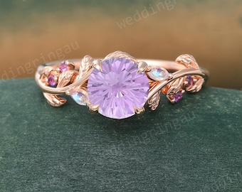 Firework cut Lavender Amethyst ring Vintage Rose gold Leaf engagement ring Marquise cut Moonstone ring Art deco Nature inspired Twig ring