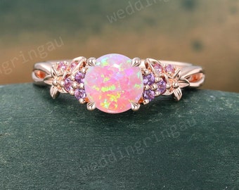 Round cut pink opal ring Unique Rose gold engagement ring Amethyst Pink sapphire ring Floral ring nature inspired ring anniversary ring