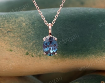 Oval cut Alexandrite necklace Rose gold June birthstone necklace women Solitaire Necklace anniversary Minimalist bridal pendant gift