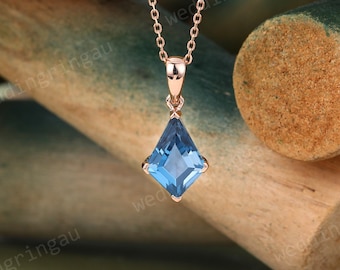 Kite cut London Blue Topaz necklace 14k Rose gold vintage unique Personalized Blue Topaz pendant women anniversary bridal pendant gift