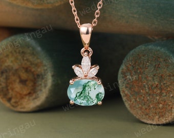 Oval cut Natural Moss Agate Pendant Necklace for Women Rose gold Bridal wedding pendant Moissanite Necklace anniversary pendant