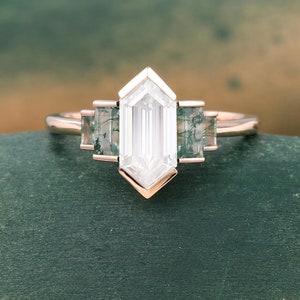 Hexagon cut Moissanite ring Unique Rose gold engagement ring Baguette cut Moss agate ring Bezel set ring Bridal wedding anniversary ring