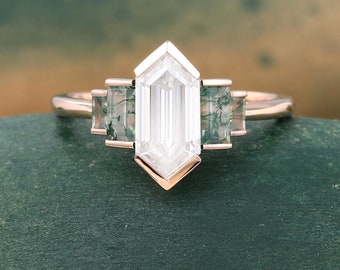 Hexagon cut Moissanite ring Unique Rose gold engagement ring Baguette cut Moss agate ring Bezel set ring Bridal wedding anniversary ring