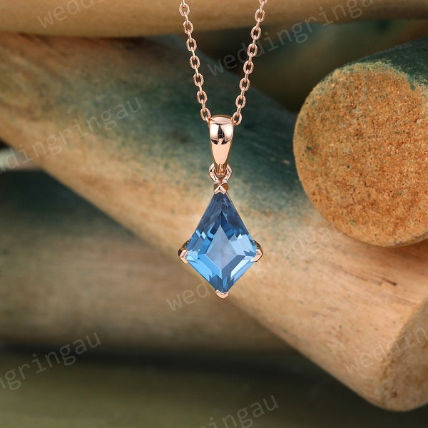 Kite cut London Blue Topaz necklace 14k Rose gold vintage unique Personalized Blue Topaz pendant women anniversary bridal pendant gift