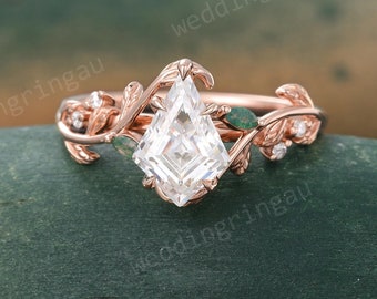 Kite cut Moissanite engagement ring Vintage Rose gold kite cut moissanite ring marquise cut Moss agate ring wedding Promise ring for women