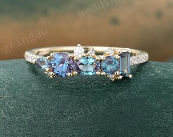 Alexandrite wedding band Unique Yellow gold ring June birthstone wedding band women Cluster Moissanite pave ring Promise Anniversary ring