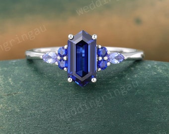 Hexagon cut blue sapphire ring Unique White gold engagement ring marquise cut tanzanite ring Vintage Birthstone ring anniversary ring