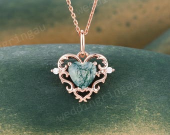 Heart Shaped Moss Agate Pendant Necklace Unique Rose Gold Moissanite Personalized Pendant for Women Anniversary Bridal Gift