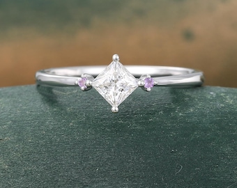 Dainty princess cut moissanite ring White gold Moissanite engagement ring Square Moissanite ring Amethyst ring Three stone ring Promise ring