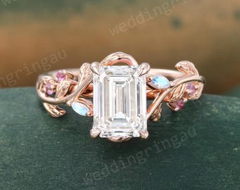 1.5CT Emerald Cut Lab Grown Diamond Ring Unique Rose Gold Branch Vine Engagement Ring Marquise cut Moonstone Ring wedding ring Promise Gift