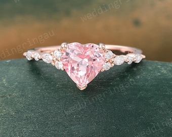 Heart cut Pink Sapphire engagement ring Vintage Rose gold engagement ring women Half eternity Moissanite ring Bridal ring Promise ring gift