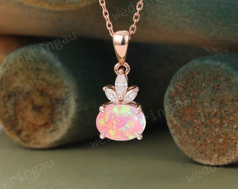 Pink Opal Pendant Necklace for Women Rose gold Bridal wedding pendant Moissanite Necklace anniversary pendant Personalized Gift