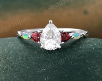 Pear cut Moissanite Engagement ring Unique White gold engagement ring Trillion cut Garnet Opal ring Five stone ring Stacking Promise ring
