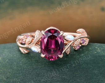 Oval cut Raspberry Garnet ring Vintage Rose gold Leaf engagement ring Marquise cut Moonstone ring Art deco Nature inspired Twig ring Gift