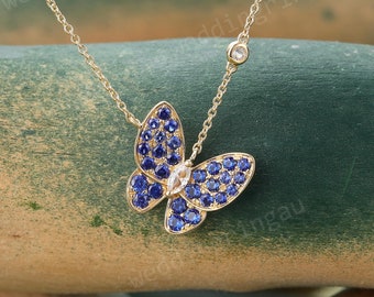 Butterfly necklace Unique Yellow gold Blue sapphire pendant necklace women White sapphire Necklace anniversary bridal pendant Valentine gift