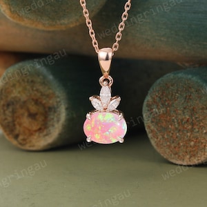 Pink Opal Pendant Necklace for Women Rose gold Bridal wedding pendant Moissanite Necklace anniversary pendant Personalized Gift