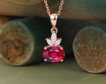 Oval cut Ruby necklace solid 14k rose gold vintage unique Personalized pendant for women Moissanite gemstone anniversary bridal gift mother