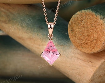 Kite cut Pink sapphire necklace 14k Rose gold vintage unique Personalized Pink sapphire pendant women anniversary bridal pendant gift