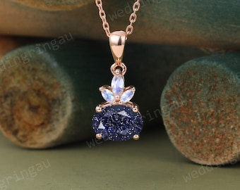 Oval cut Blue sandstone Pendant Necklace for Women Rose gold Bridal wedding pendant Moonstone Necklace anniversary pendant Personalized Gift